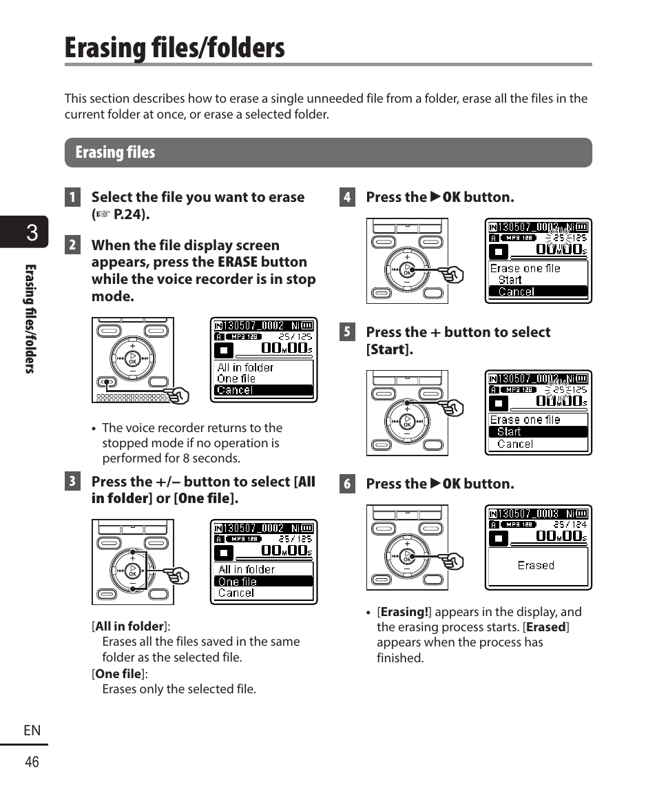 Erasing files/folders, Erasing files | Olympus WS833 User Manual | Page 46 / 118