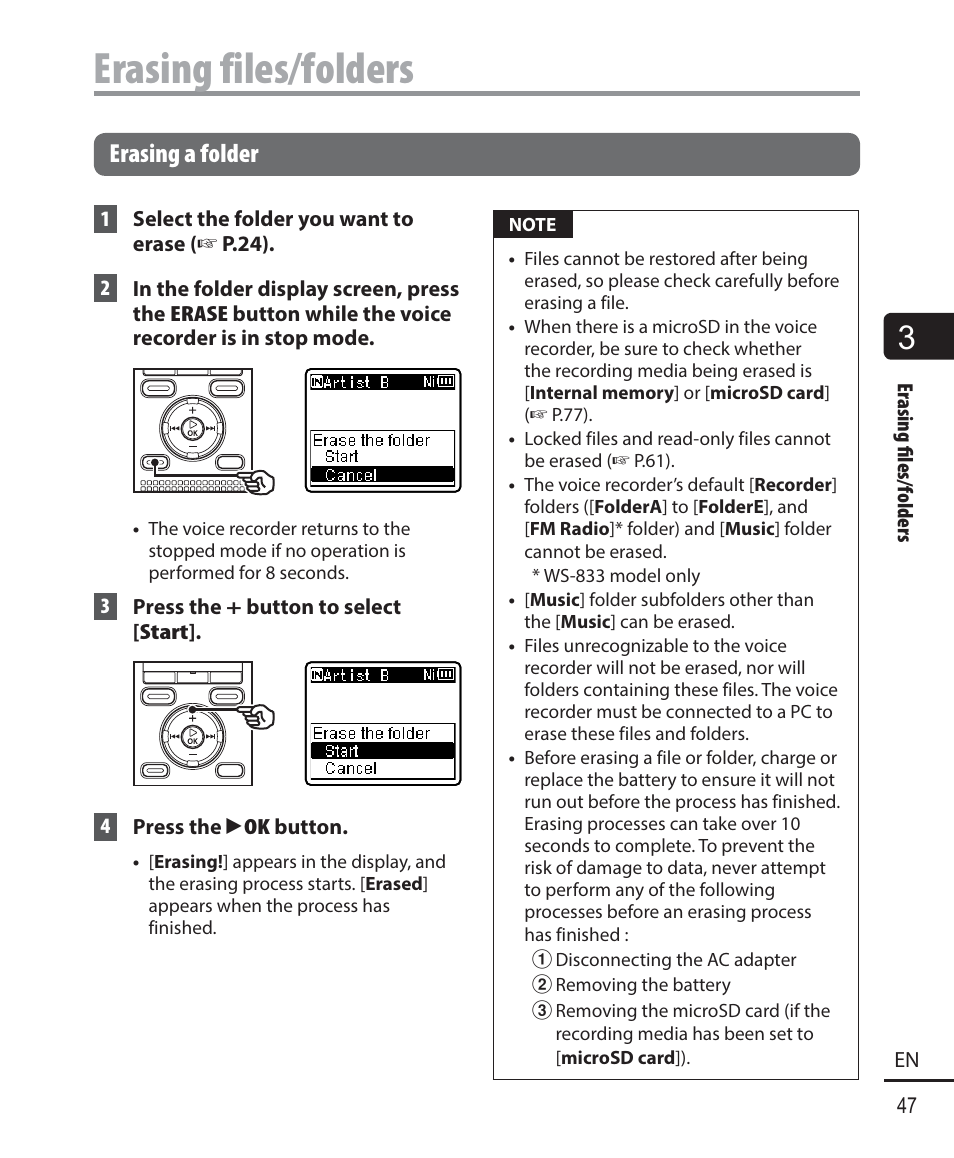 Erasing files/folders, Erasing a folder | Olympus WS833 User Manual | Page 47 / 118