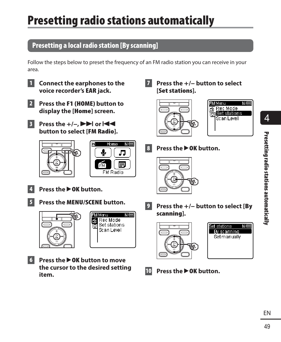 Presetting radio stations automatically | Olympus WS833 User Manual | Page 49 / 118