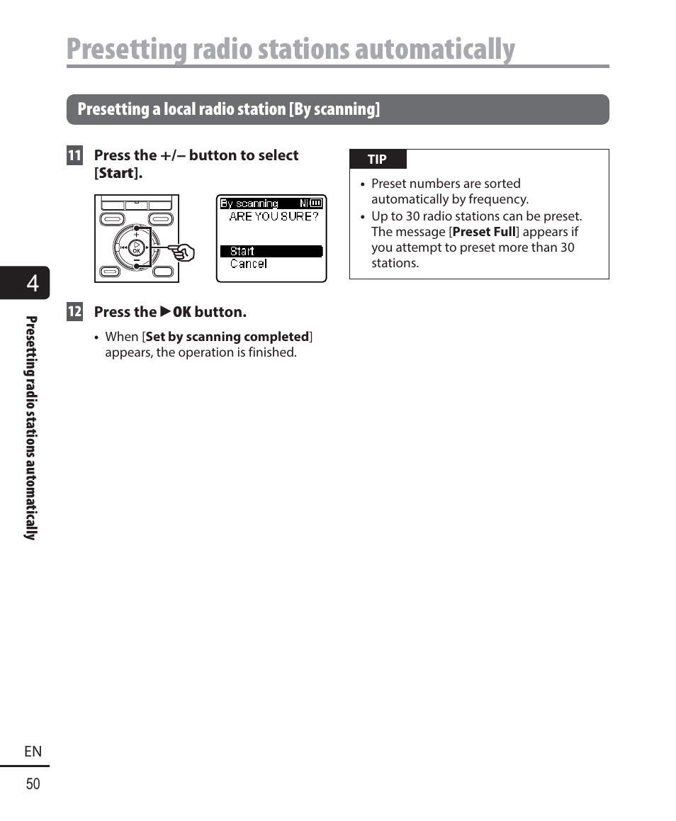 Presetting radio stations automatically | Olympus WS833 User Manual | Page 50 / 118