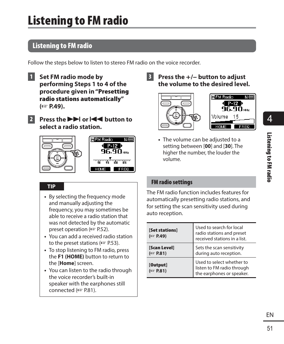 Listening to fm radio | Olympus WS833 User Manual | Page 51 / 118