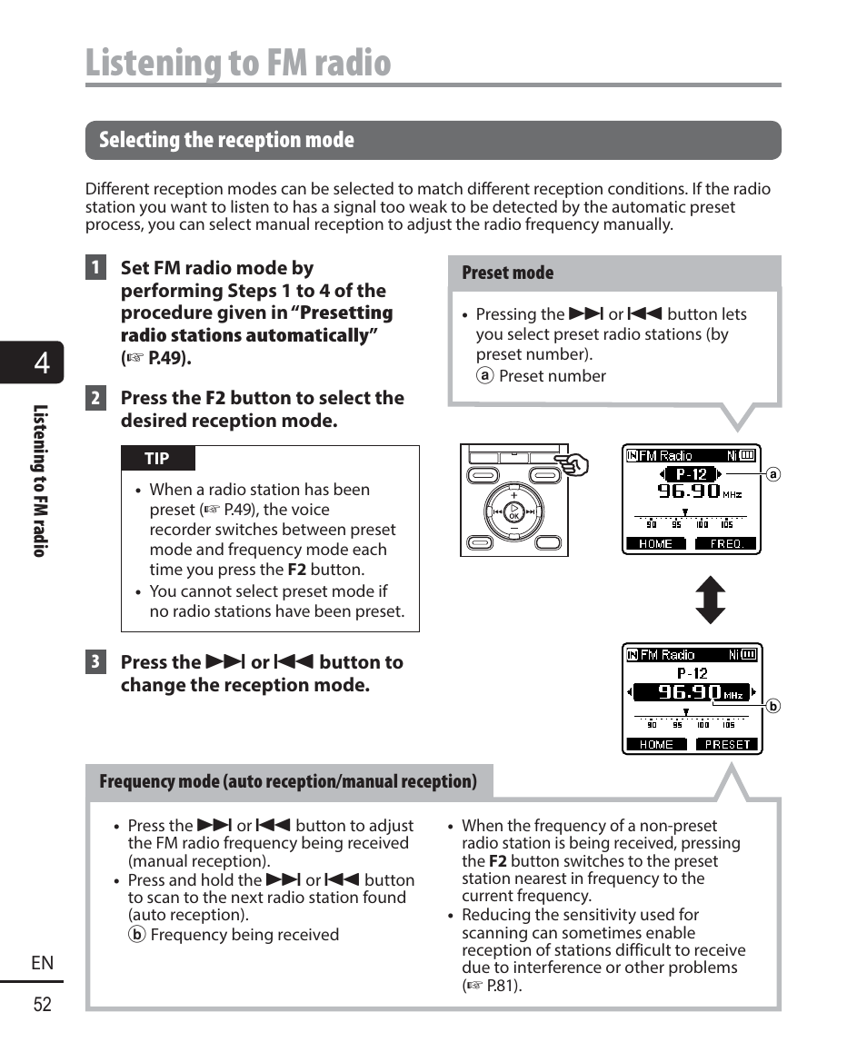 Listening to fm radio, Selecting the reception mode | Olympus WS833 User Manual | Page 52 / 118