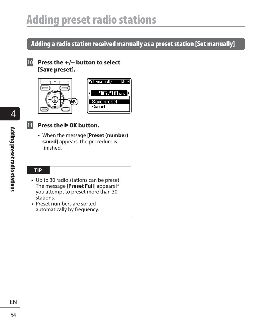 Adding preset radio stations | Olympus WS833 User Manual | Page 54 / 118