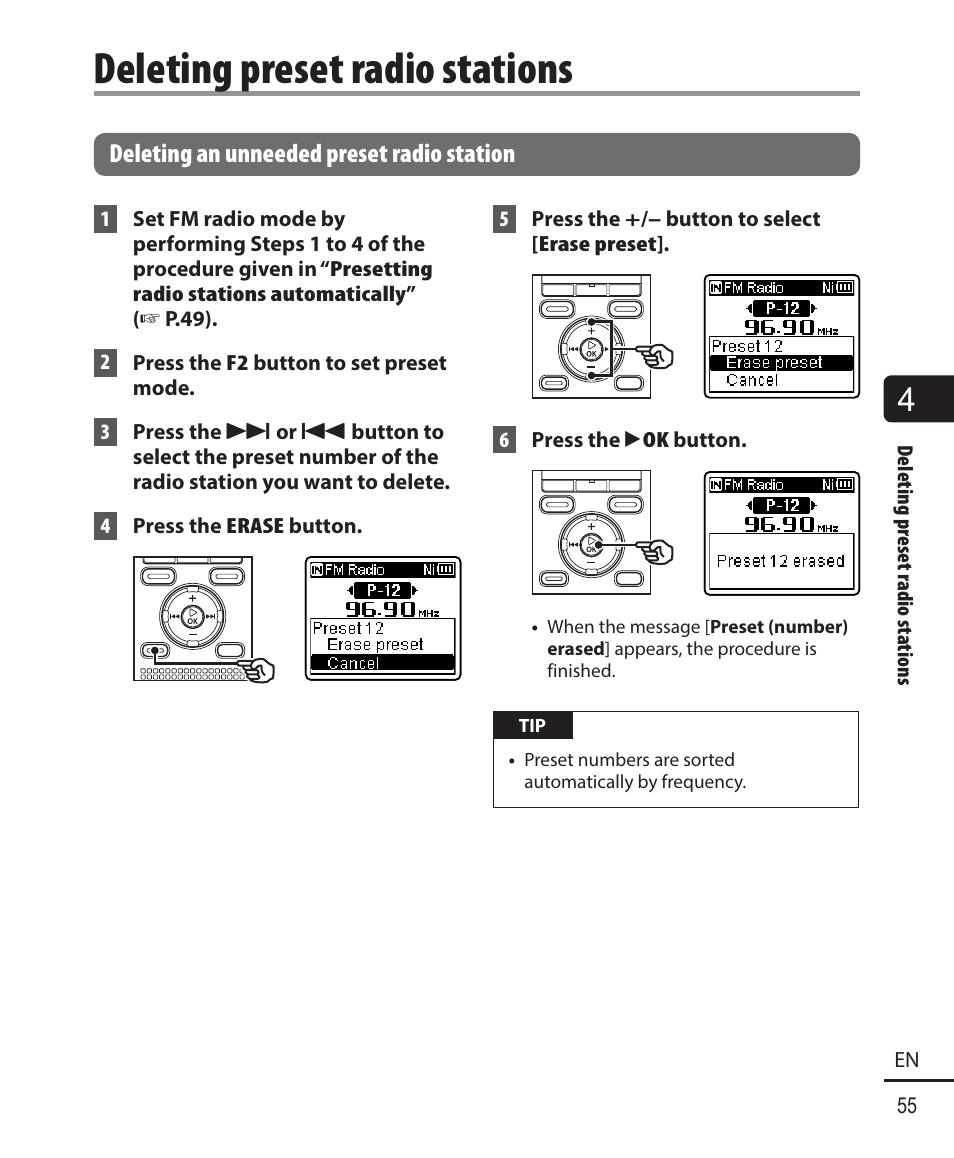 Deleting preset radio stations | Olympus WS833 User Manual | Page 55 / 118