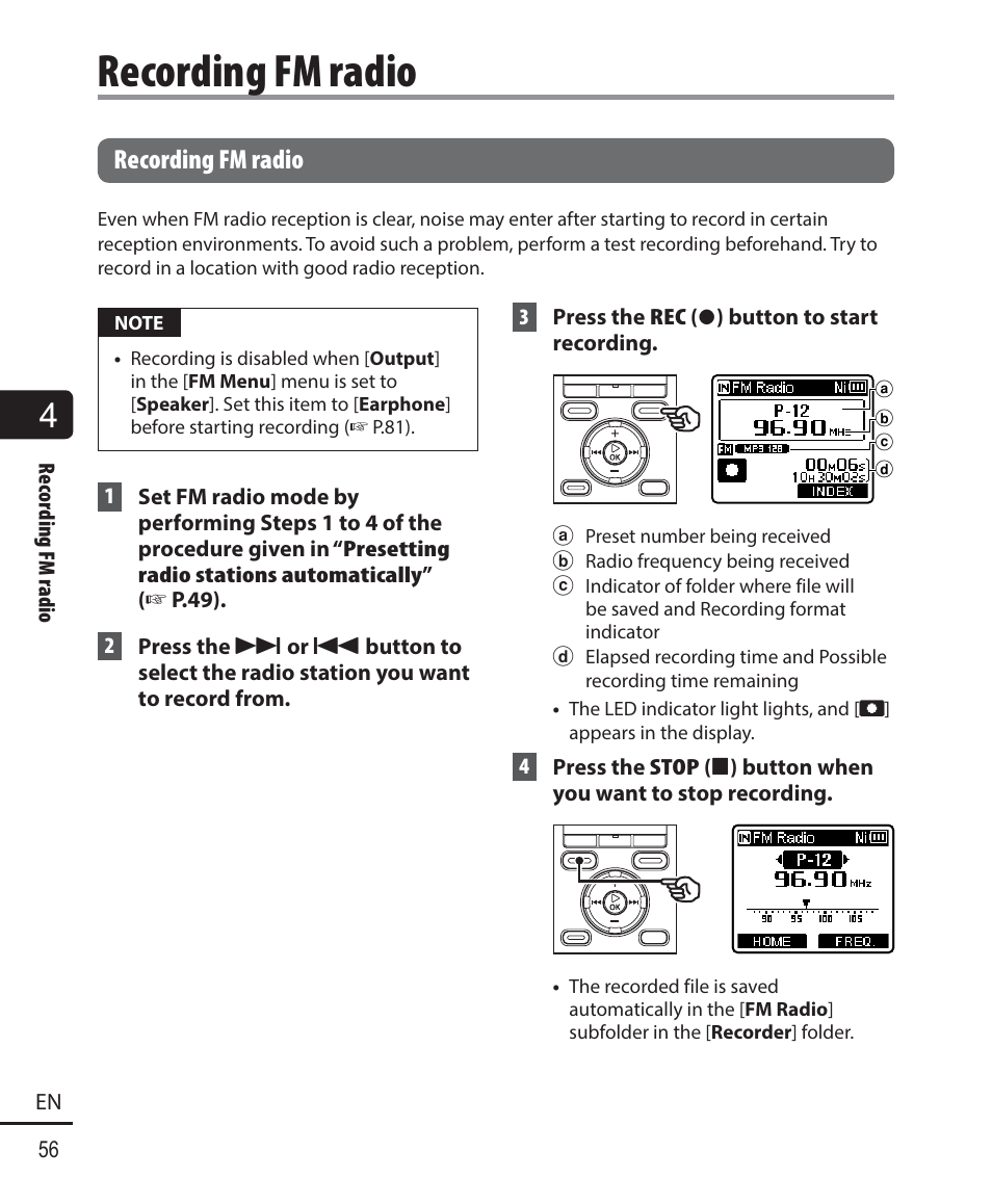 Recording fm radio | Olympus WS833 User Manual | Page 56 / 118