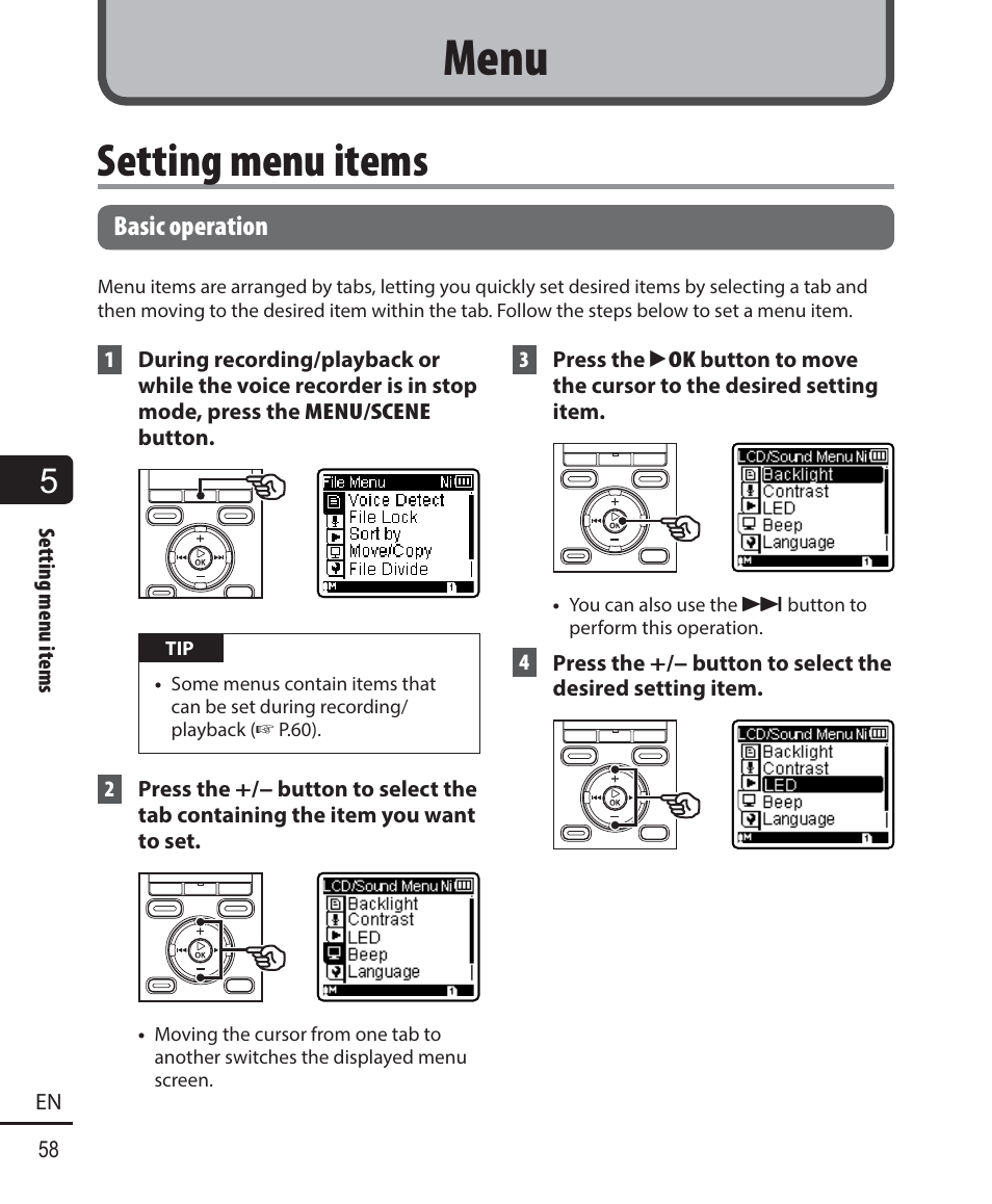 Menu, Setting menu items | Olympus WS833 User Manual | Page 58 / 118