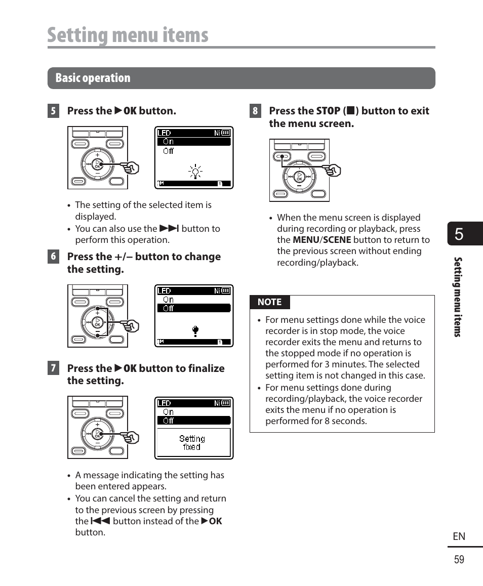 Setting menu items, Basic operation | Olympus WS833 User Manual | Page 59 / 118