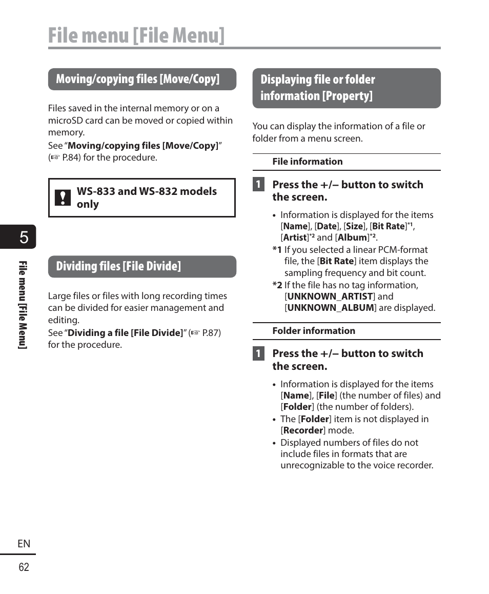 File menu [file menu, Moving/copying files [move/copy, Dividing files [file divide | Displaying file or folder information [property | Olympus WS833 User Manual | Page 62 / 118