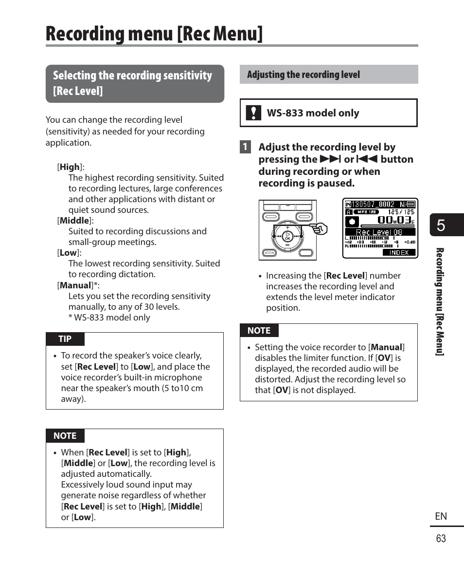 Recording menu [rec menu, Selecting the recording sensitivity [ rec level | Olympus WS833 User Manual | Page 63 / 118