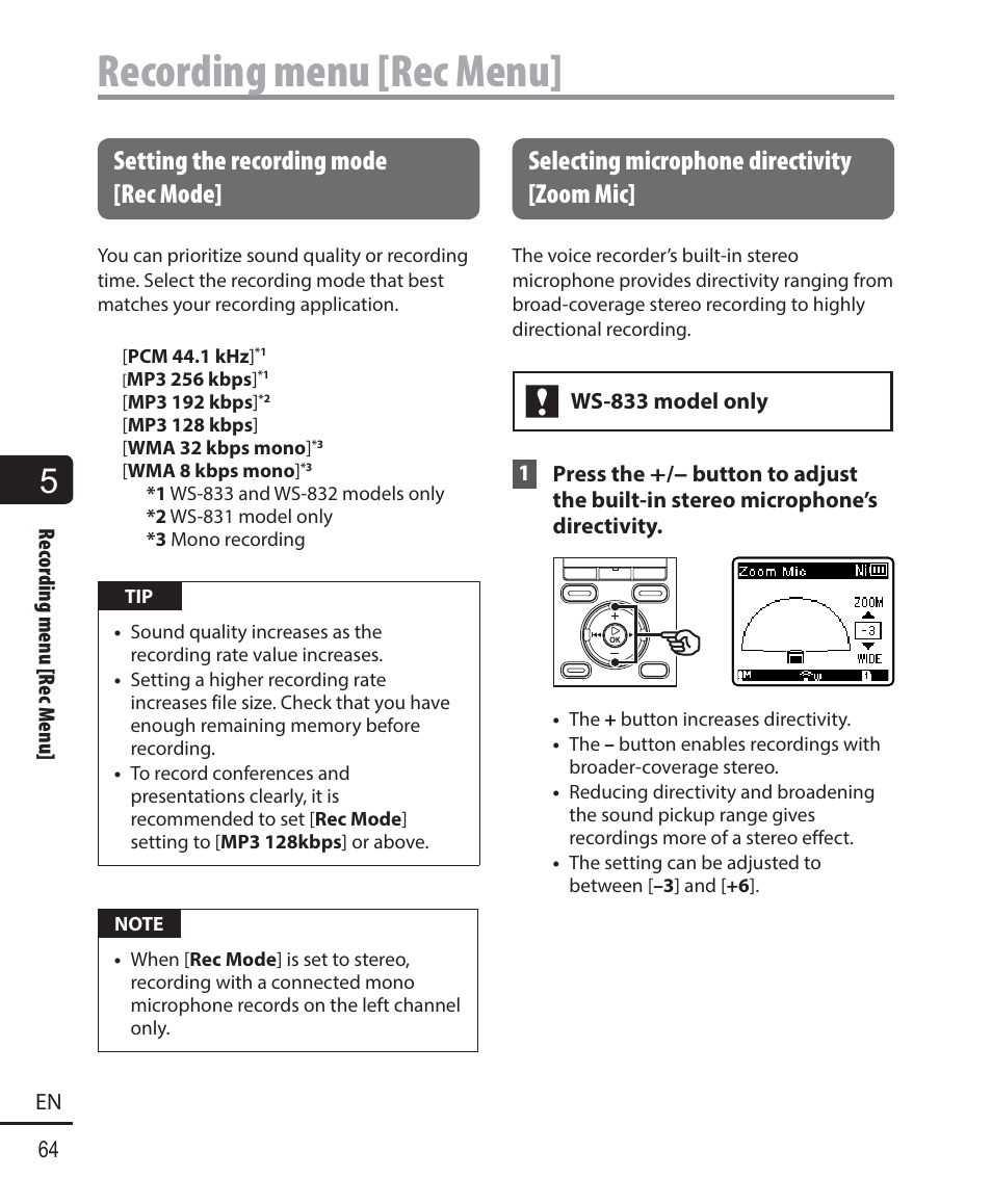 Recording menu [rec menu, Setting the recording mode [ rec mode, Selecting microphone directivity [ zoom mic | Olympus WS833 User Manual | Page 64 / 118