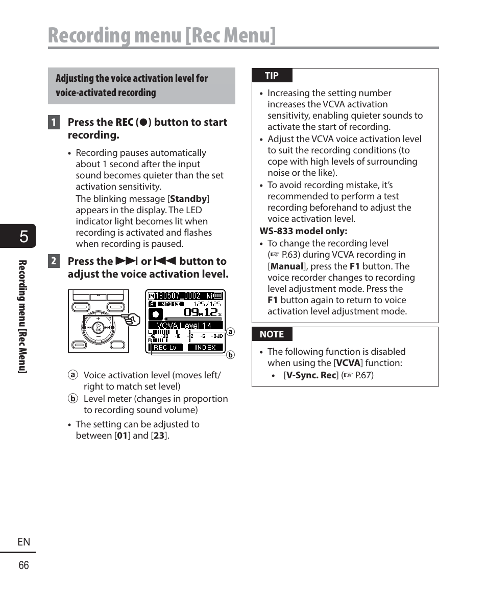 Recording menu [rec menu | Olympus WS833 User Manual | Page 66 / 118
