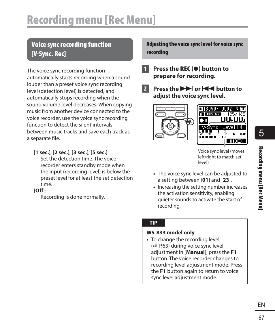 Recording menu [rec menu, Voice sync recording function [ v-sync. rec | Olympus WS833 User Manual | Page 67 / 118