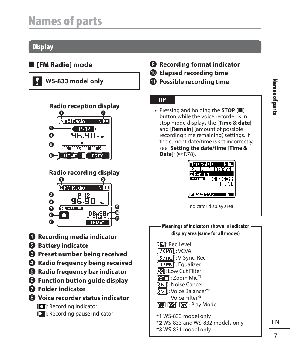 Names of parts, Display, 4 [fm radio] mode | Olympus WS833 User Manual | Page 7 / 118