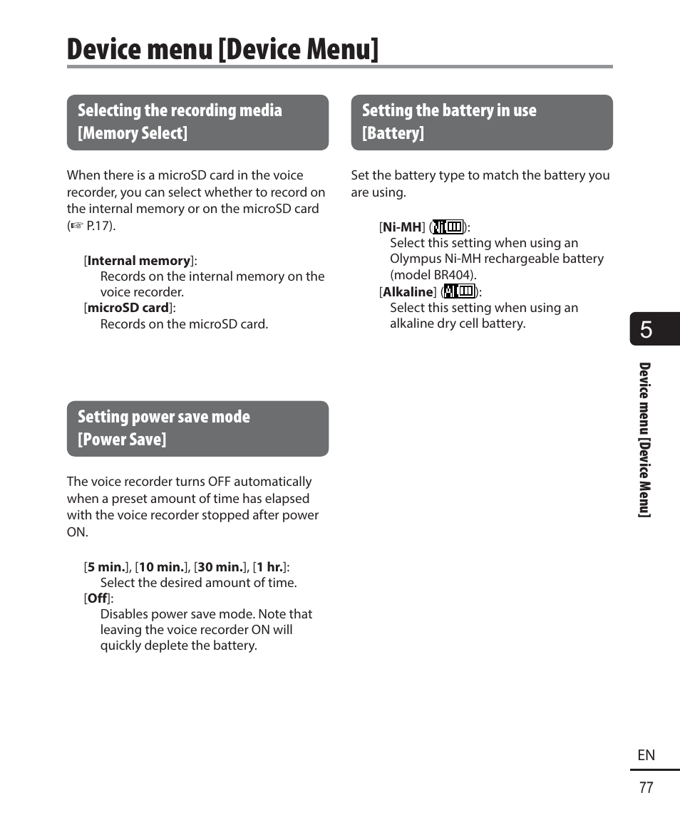 Device menu [device menu, Setting power save mode [power save, Setting the battery in use [battery | Olympus WS833 User Manual | Page 77 / 118