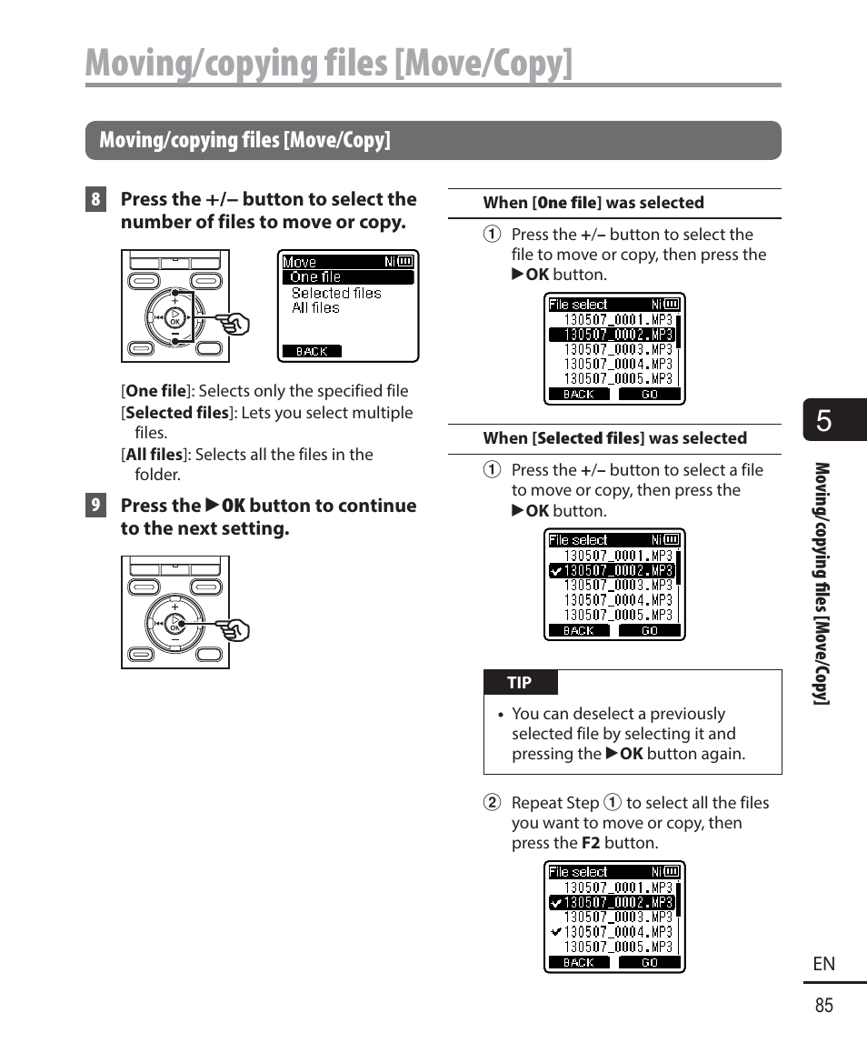 Moving/copying files [move/copy | Olympus WS833 User Manual | Page 85 / 118