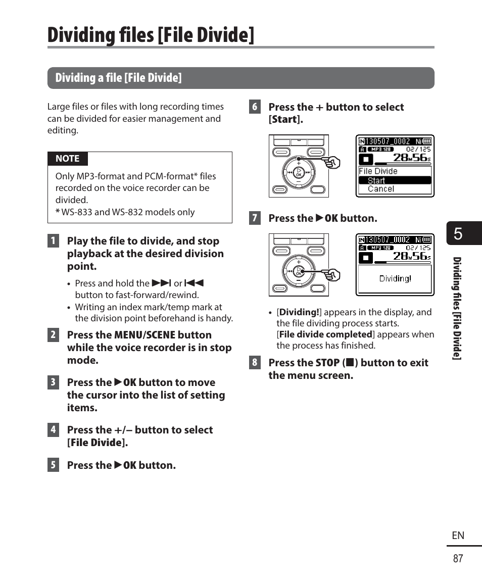 Dividing files [file divide, Dividing a file [file divide | Olympus WS833 User Manual | Page 87 / 118