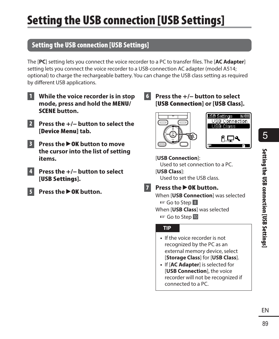 Setting the usb connection [usb settings | Olympus WS833 User Manual | Page 89 / 118