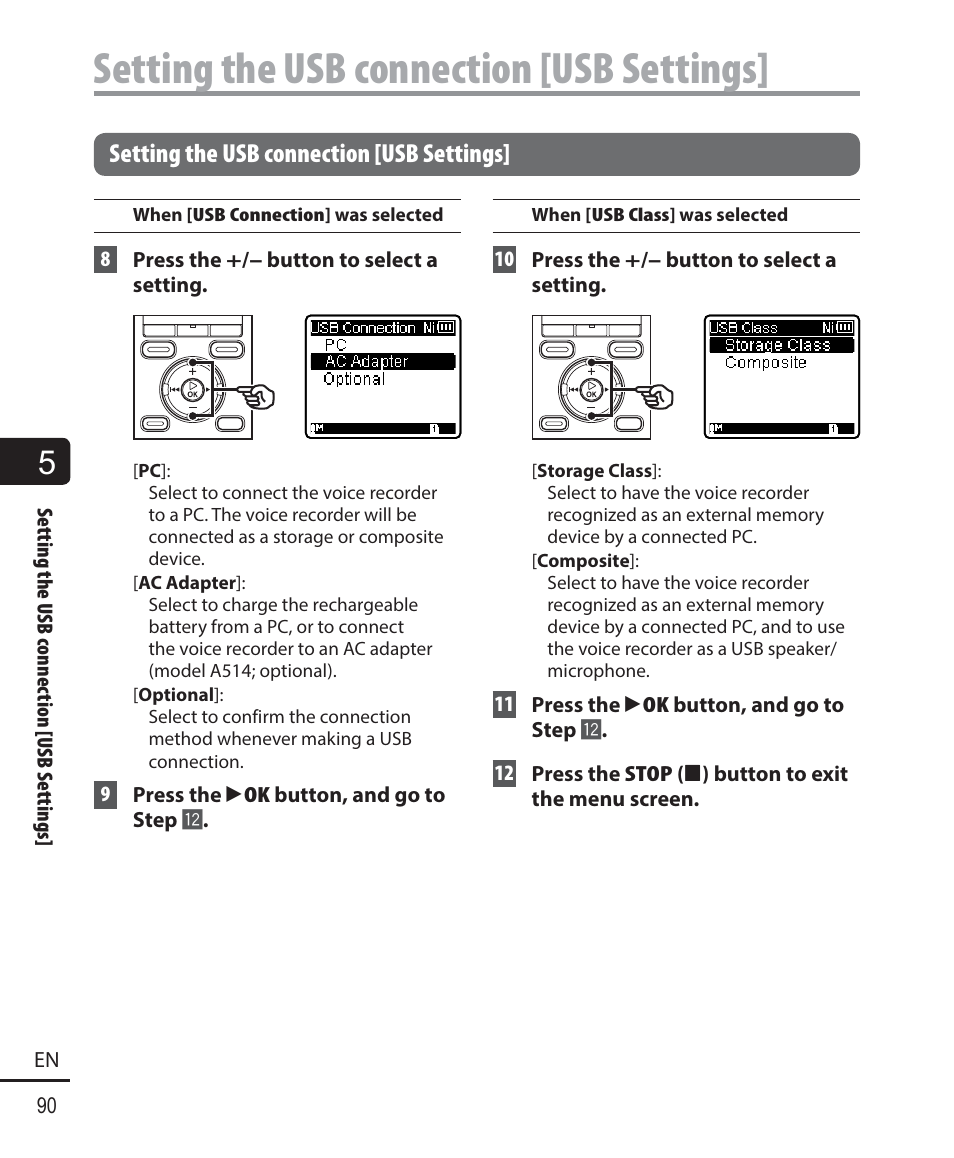 Setting the usb connection [usb settings | Olympus WS833 User Manual | Page 90 / 118