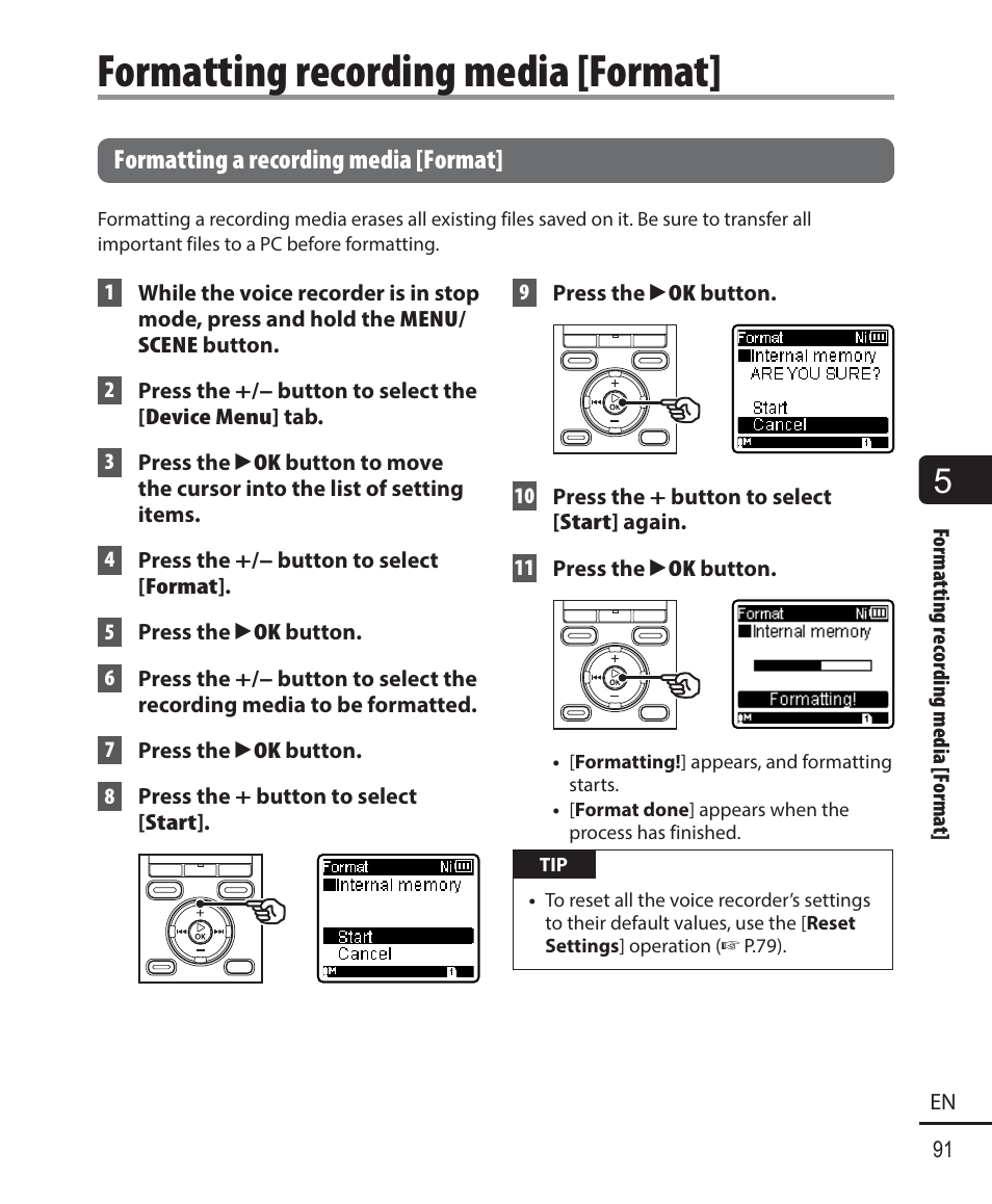 Formatting recording media [format, Formatting a recording media [format | Olympus WS833 User Manual | Page 91 / 118