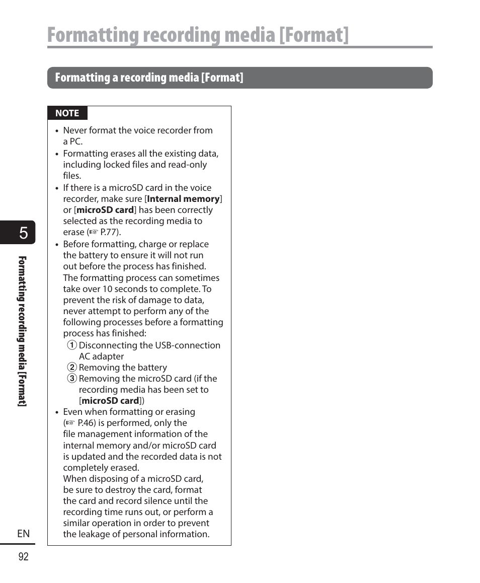 Formatting recording media [format, Formatting a recording media [format | Olympus WS833 User Manual | Page 92 / 118