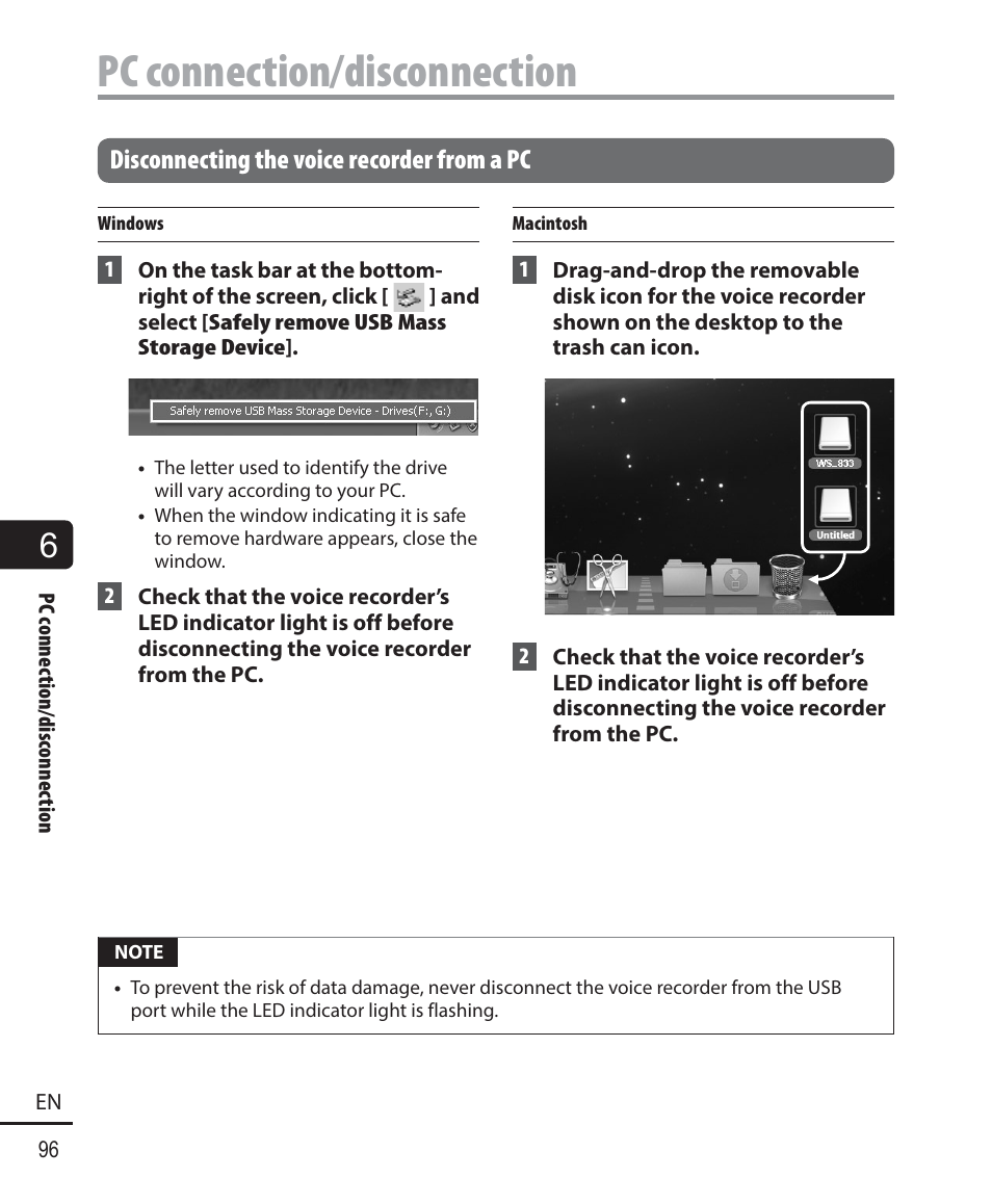 Pc connection/disconnection, Disconnecting the voice recorder from a pc | Olympus WS833 User Manual | Page 96 / 118