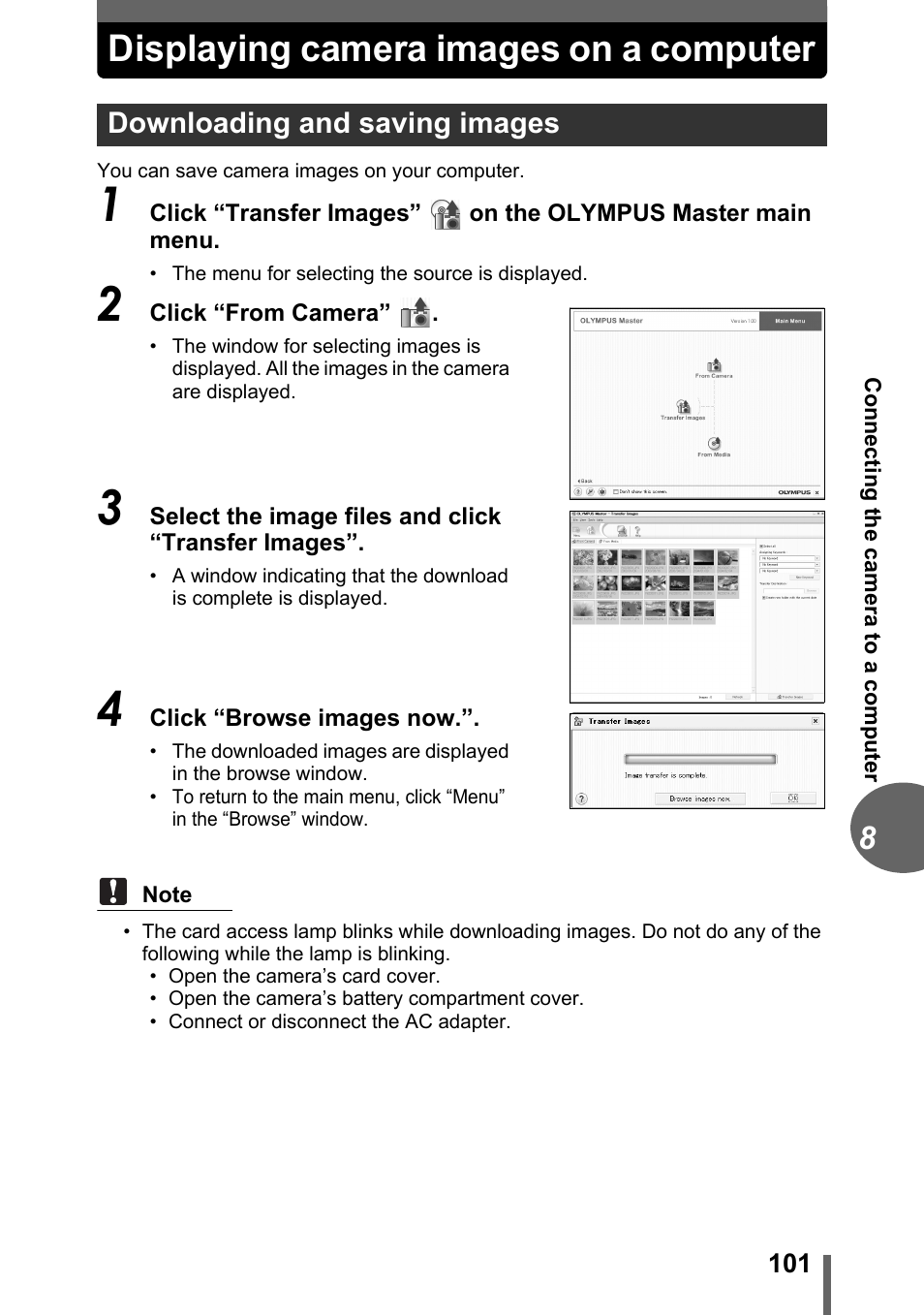 Displaying camera images on a computer, Downloading and saving images, Gp. 101 | Olympus FE-120 User Manual | Page 101 / 139