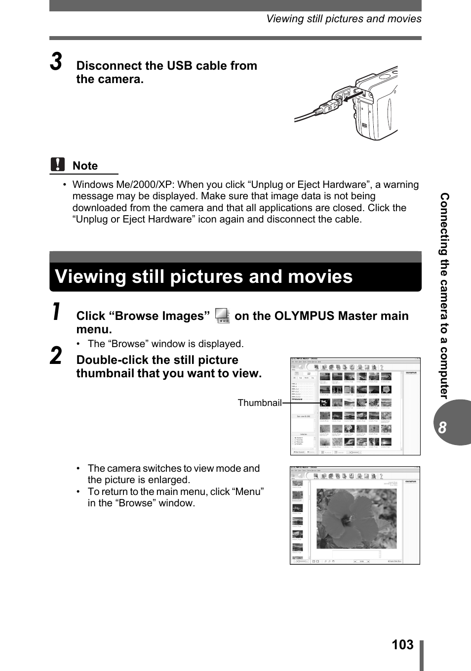 Viewing still pictures and movies | Olympus FE-120 User Manual | Page 103 / 139