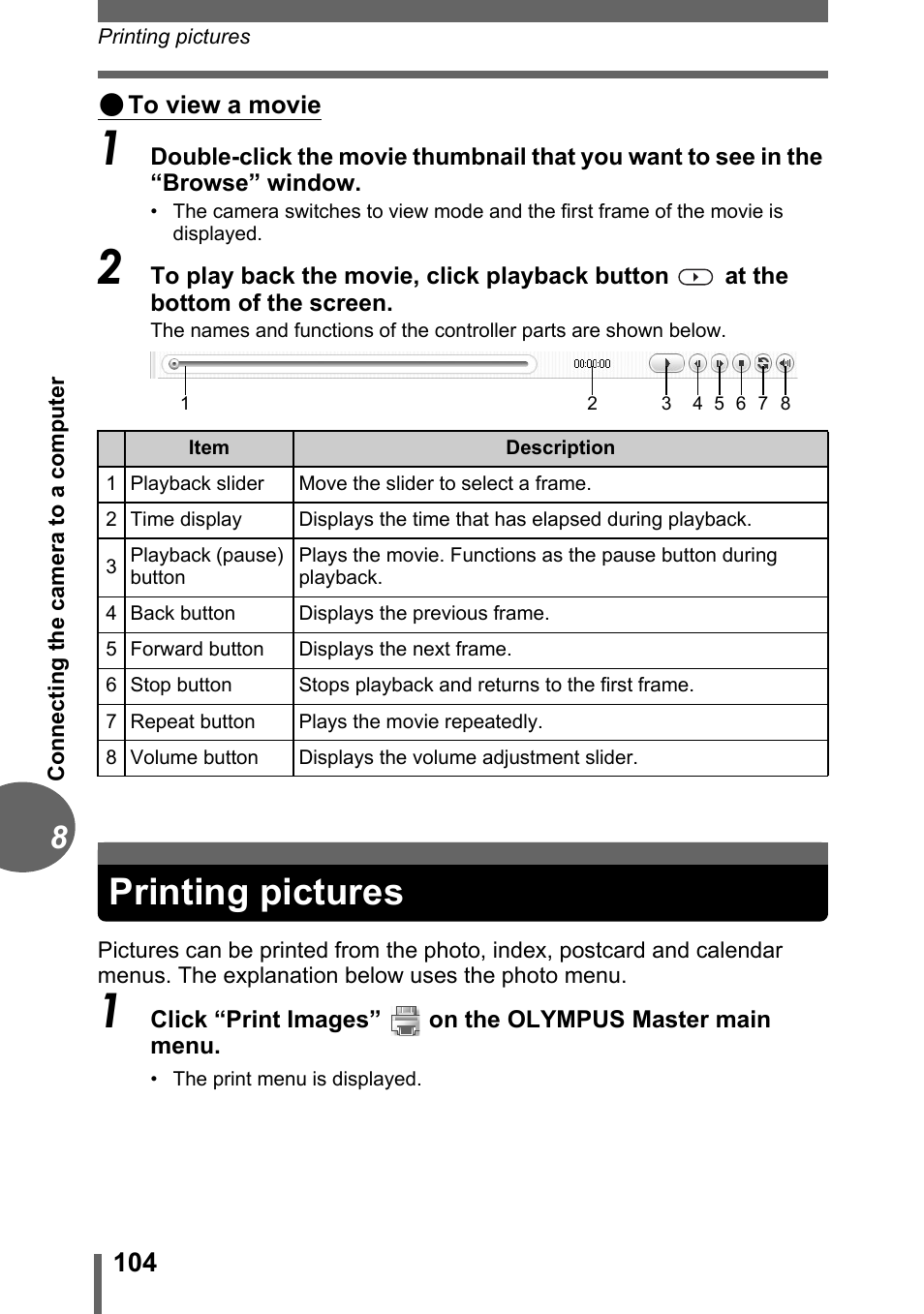 Printing pictures | Olympus FE-120 User Manual | Page 104 / 139
