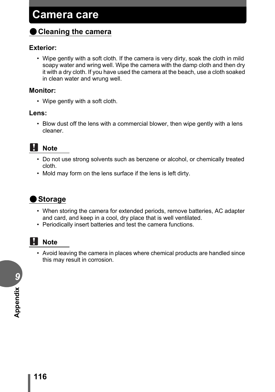 Camera care, P. 116 | Olympus FE-120 User Manual | Page 116 / 139