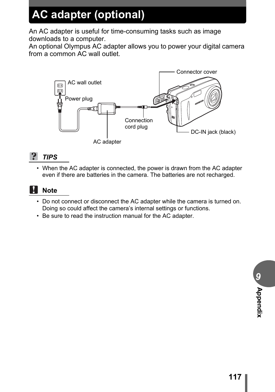 Ac adapter (optional) | Olympus FE-120 User Manual | Page 117 / 139