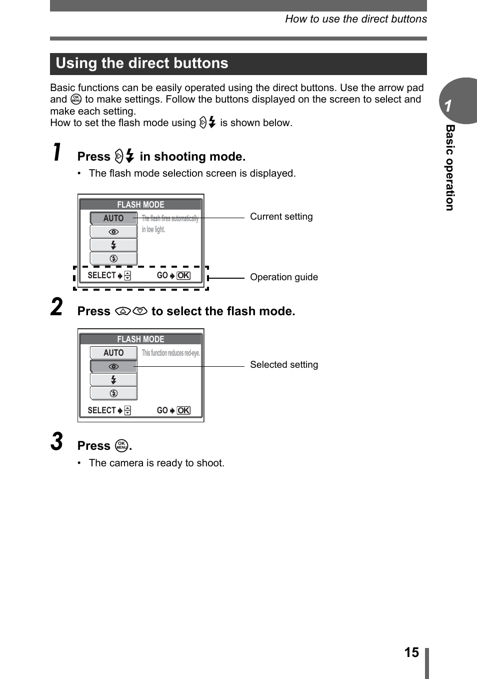 Using the direct buttons | Olympus FE-120 User Manual | Page 15 / 139