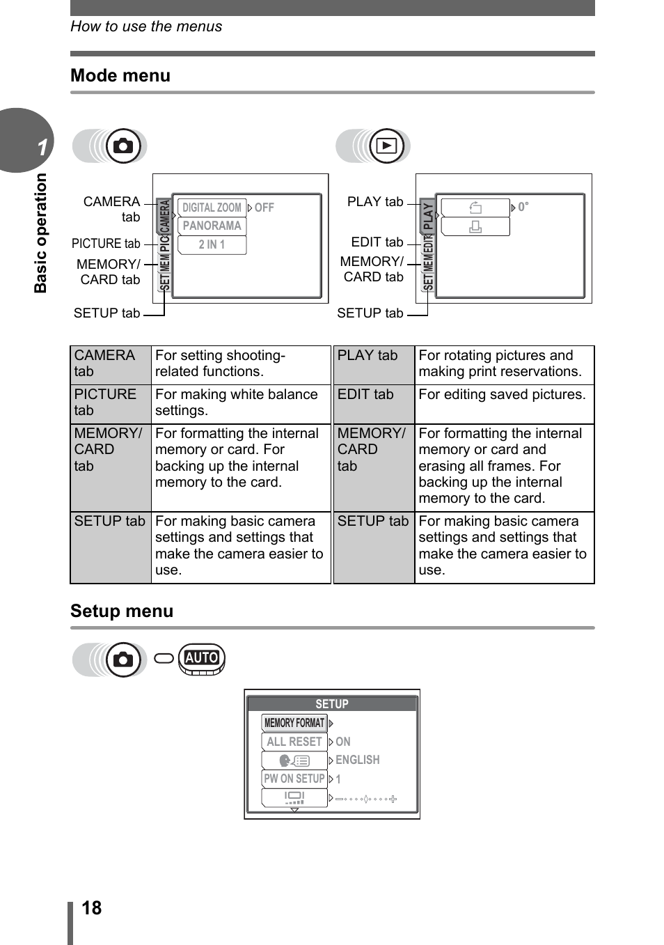 Mode menu setup menu, Basic operation | Olympus FE-120 User Manual | Page 18 / 139