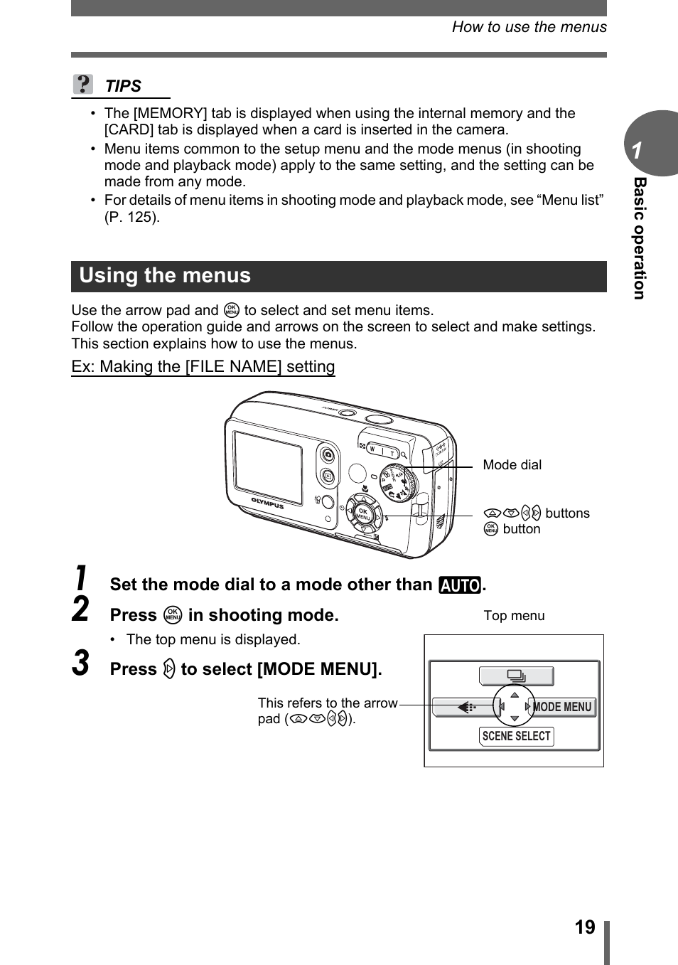 Using the menus | Olympus FE-120 User Manual | Page 19 / 139