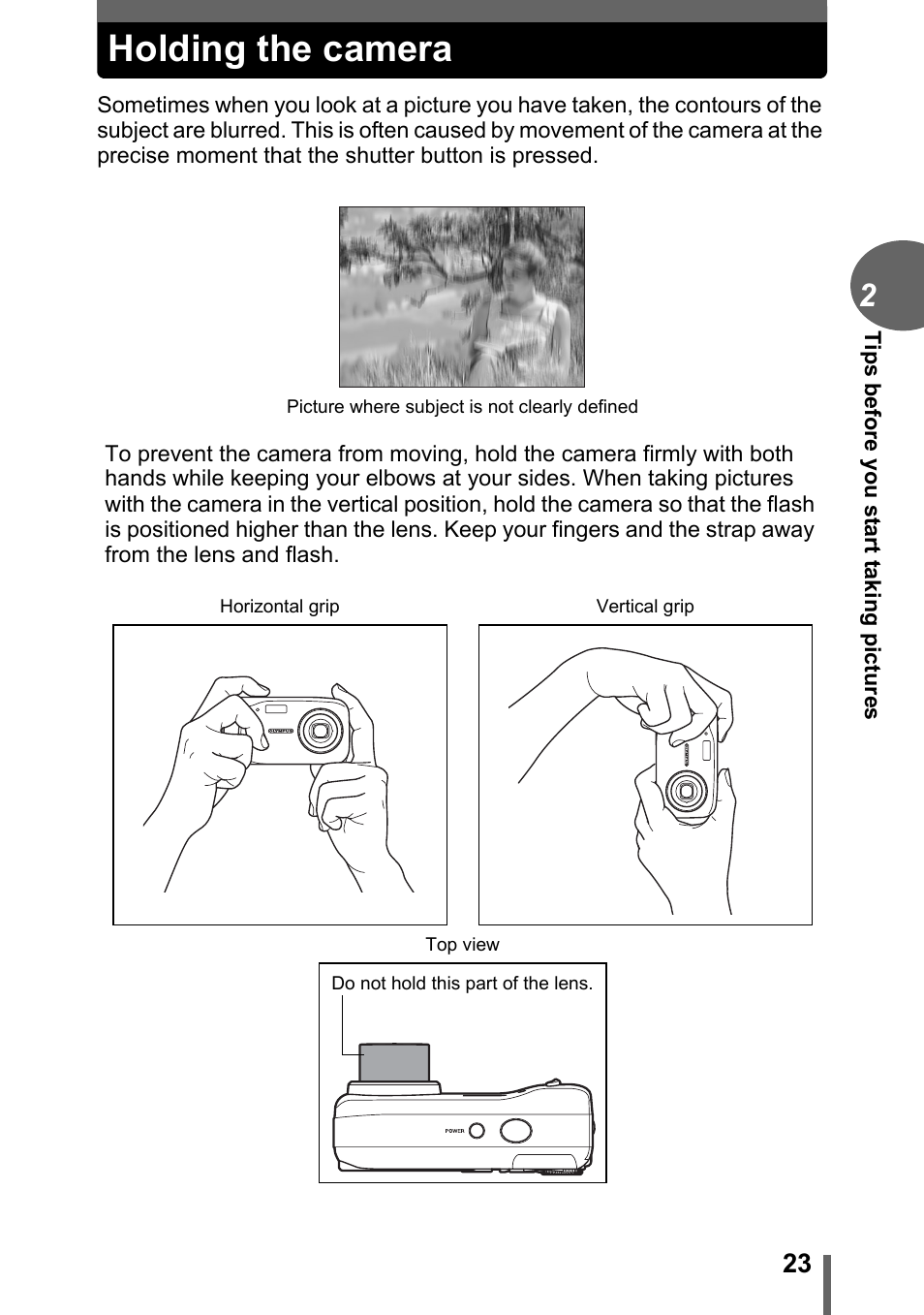Holding the camera | Olympus FE-120 User Manual | Page 23 / 139