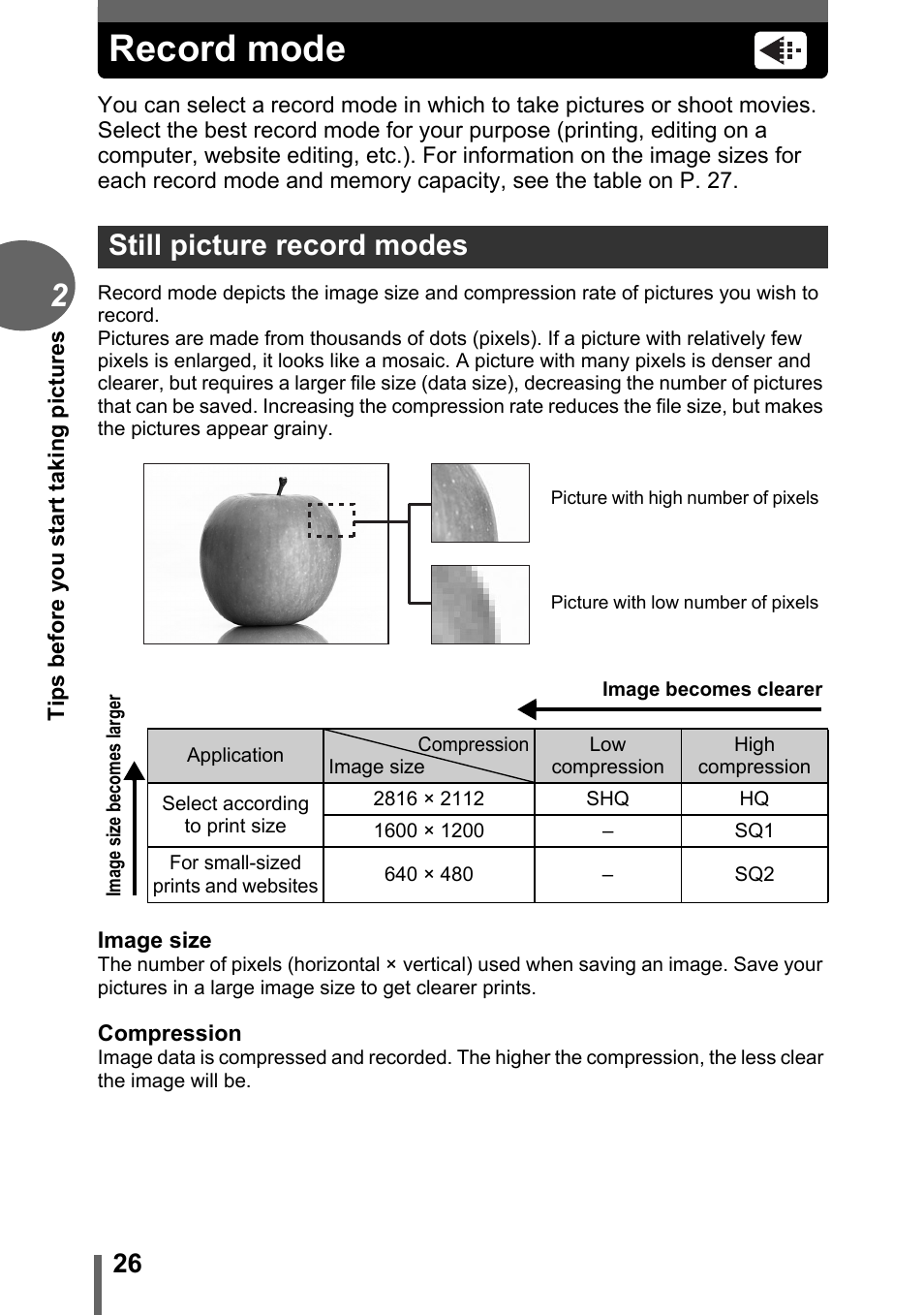 Record mode, Still picture record modes, P. 26 | Gp. 26 | Olympus FE-120 User Manual | Page 26 / 139