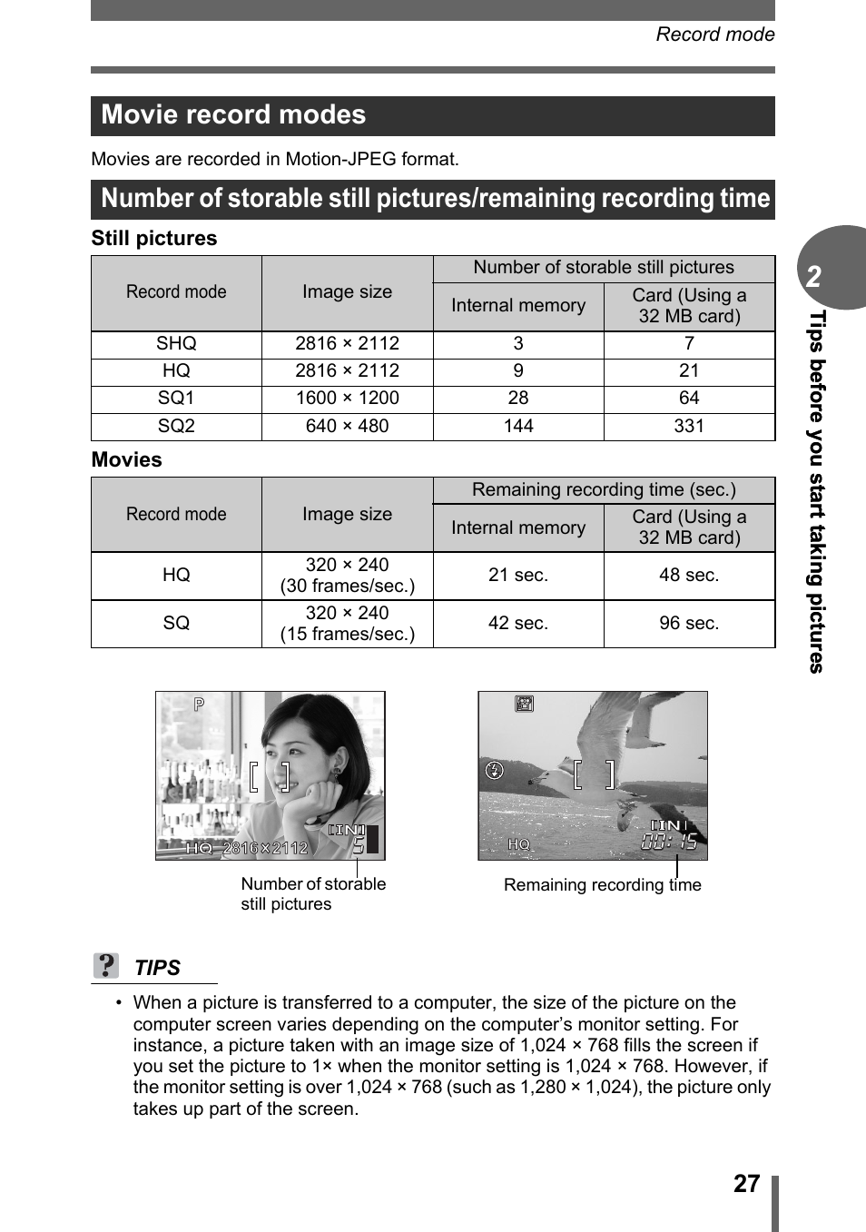 Movie record modes | Olympus FE-120 User Manual | Page 27 / 139