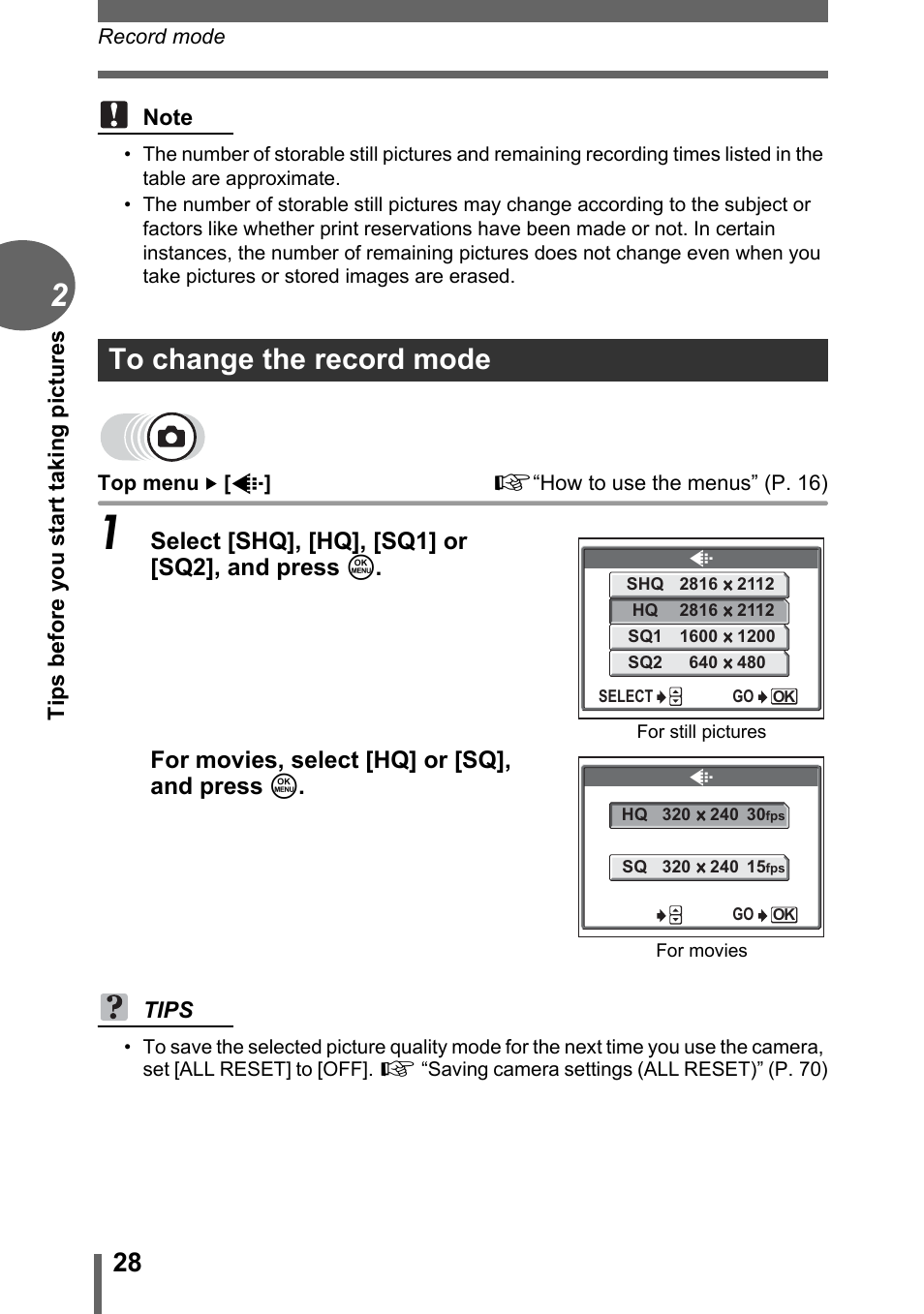 To change the record mode | Olympus FE-120 User Manual | Page 28 / 139