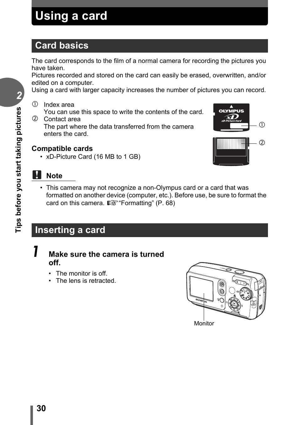 Using a card, Card basics, Inserting a card | Card basics inserting a card | Olympus FE-120 User Manual | Page 30 / 139
