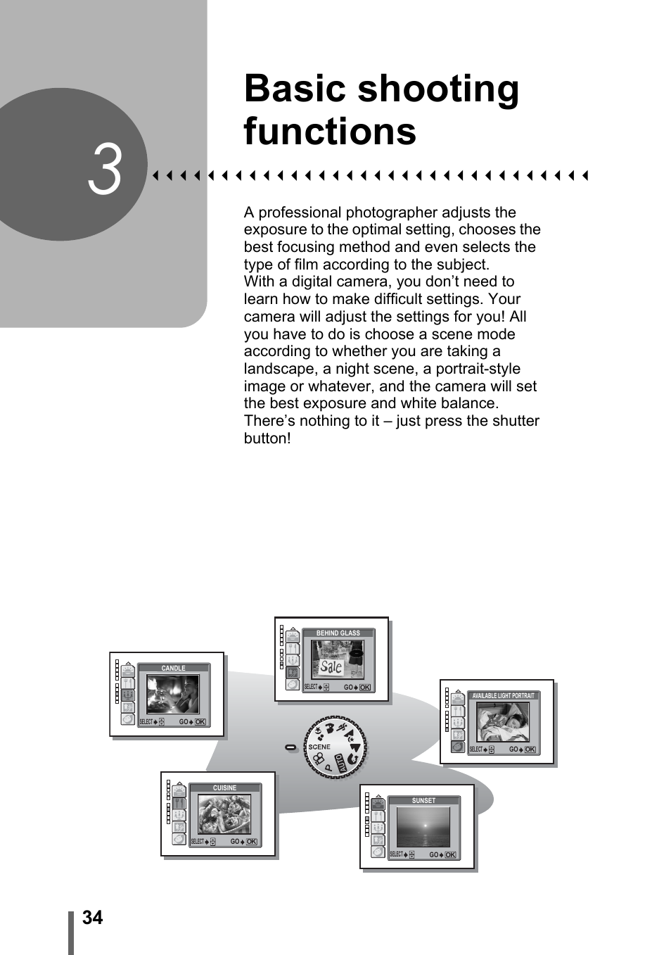 3 basic shooting functions, Basic shooting, Functions | P. 34, Basic shooting functions | Olympus FE-120 User Manual | Page 34 / 139