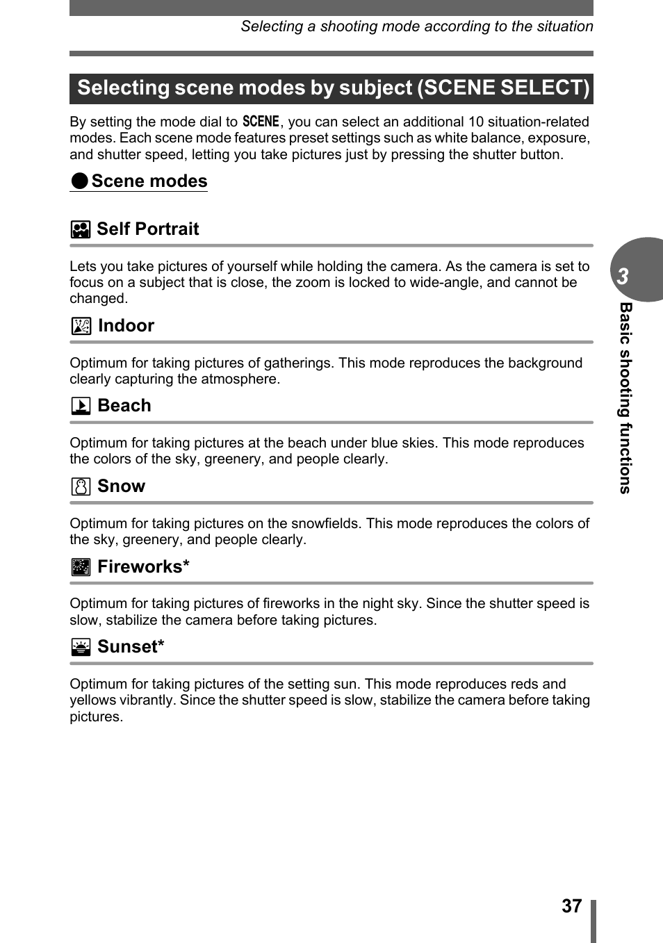 Selecting scene modes by subject (scene select), P. 37 | Olympus FE-120 User Manual | Page 37 / 139