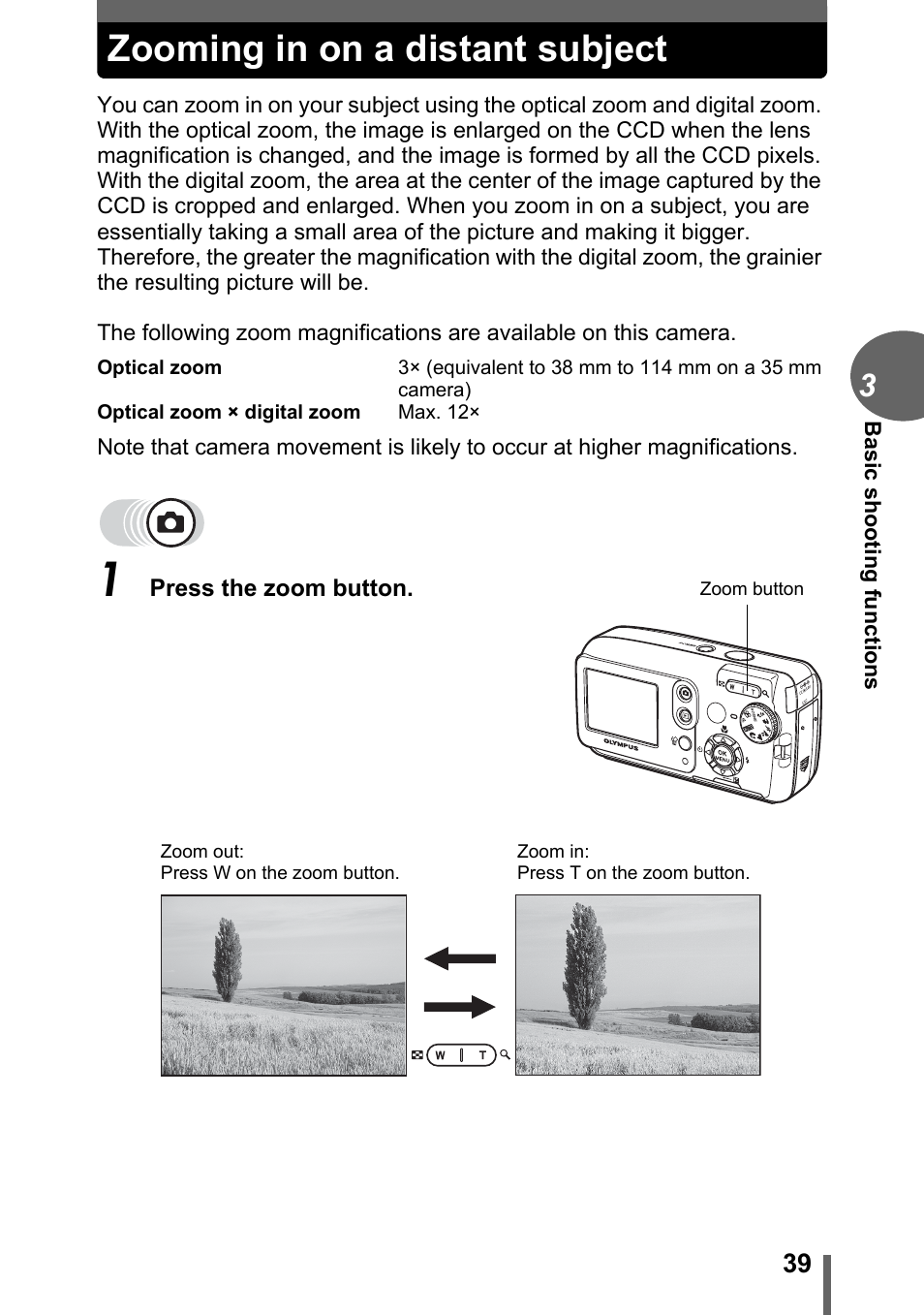 Zooming in on a distant subject, P. 39 | Olympus FE-120 User Manual | Page 39 / 139