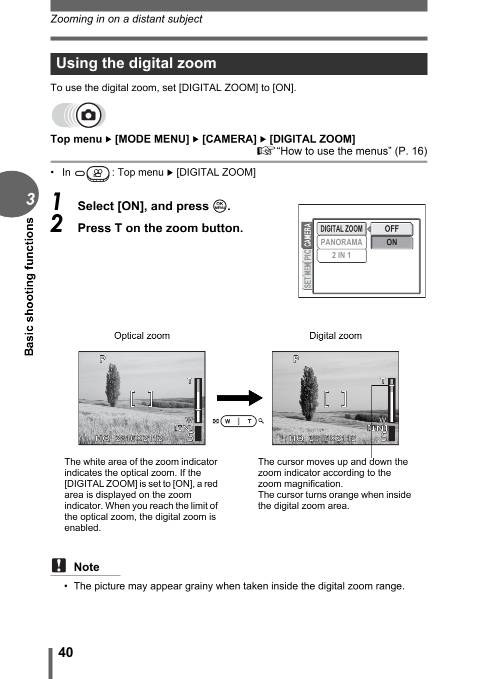 Using the digital zoom, Gp. 40 | Olympus FE-120 User Manual | Page 40 / 139