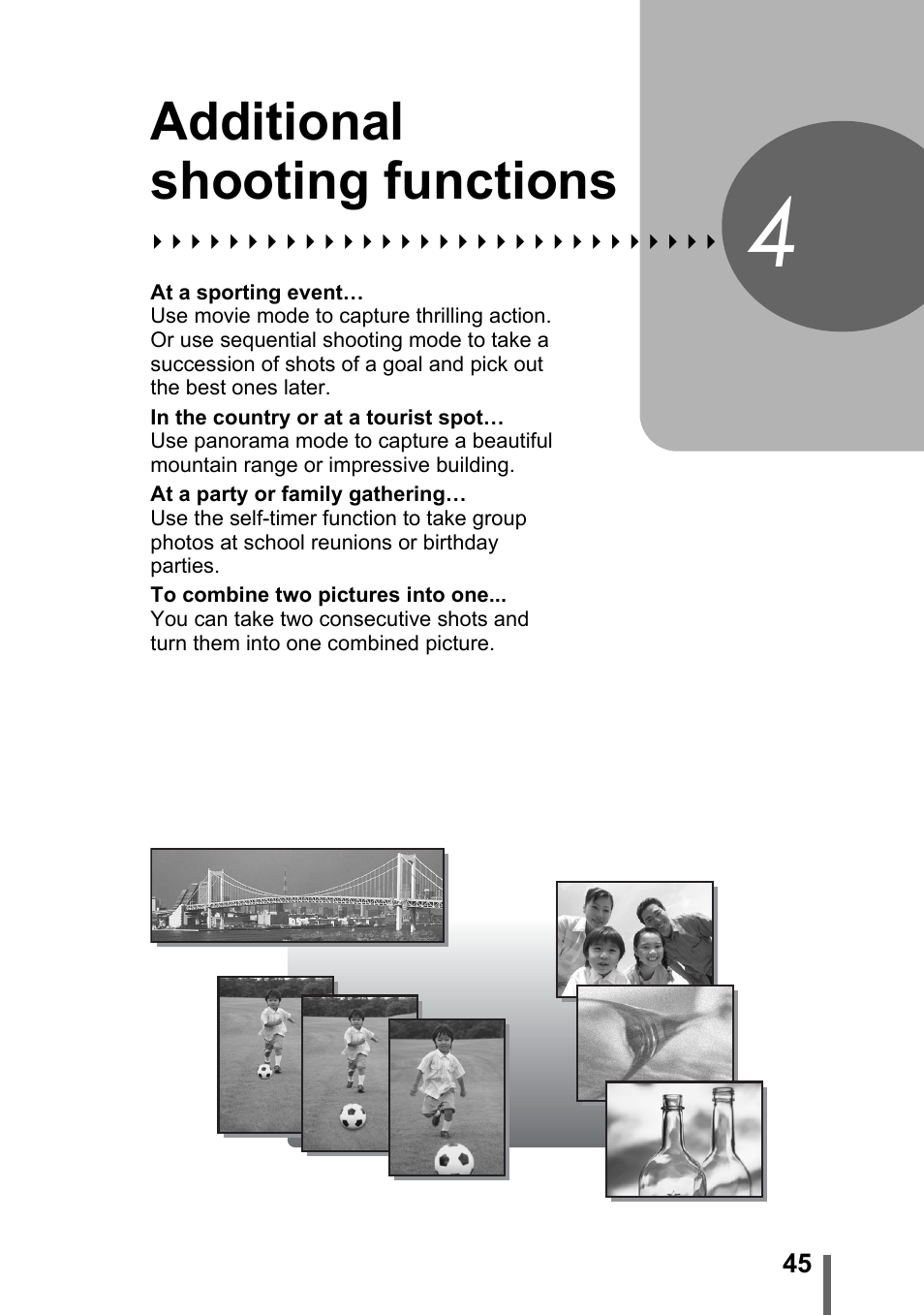 4 additional shooting functions, Additional shooting, Functions | P. 45, Additional shooting functions | Olympus FE-120 User Manual | Page 45 / 139