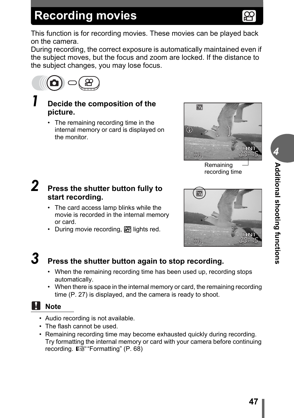 Recording movies, G“recording movies” (p. 47) | Olympus FE-120 User Manual | Page 47 / 139