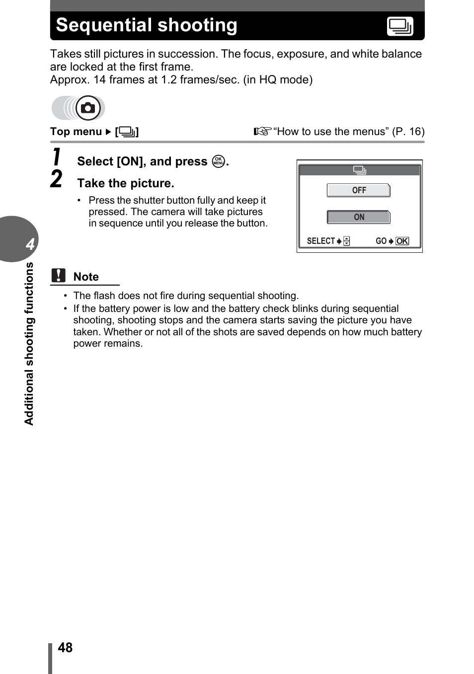 Sequential shooting, P. 48 | Olympus FE-120 User Manual | Page 48 / 139
