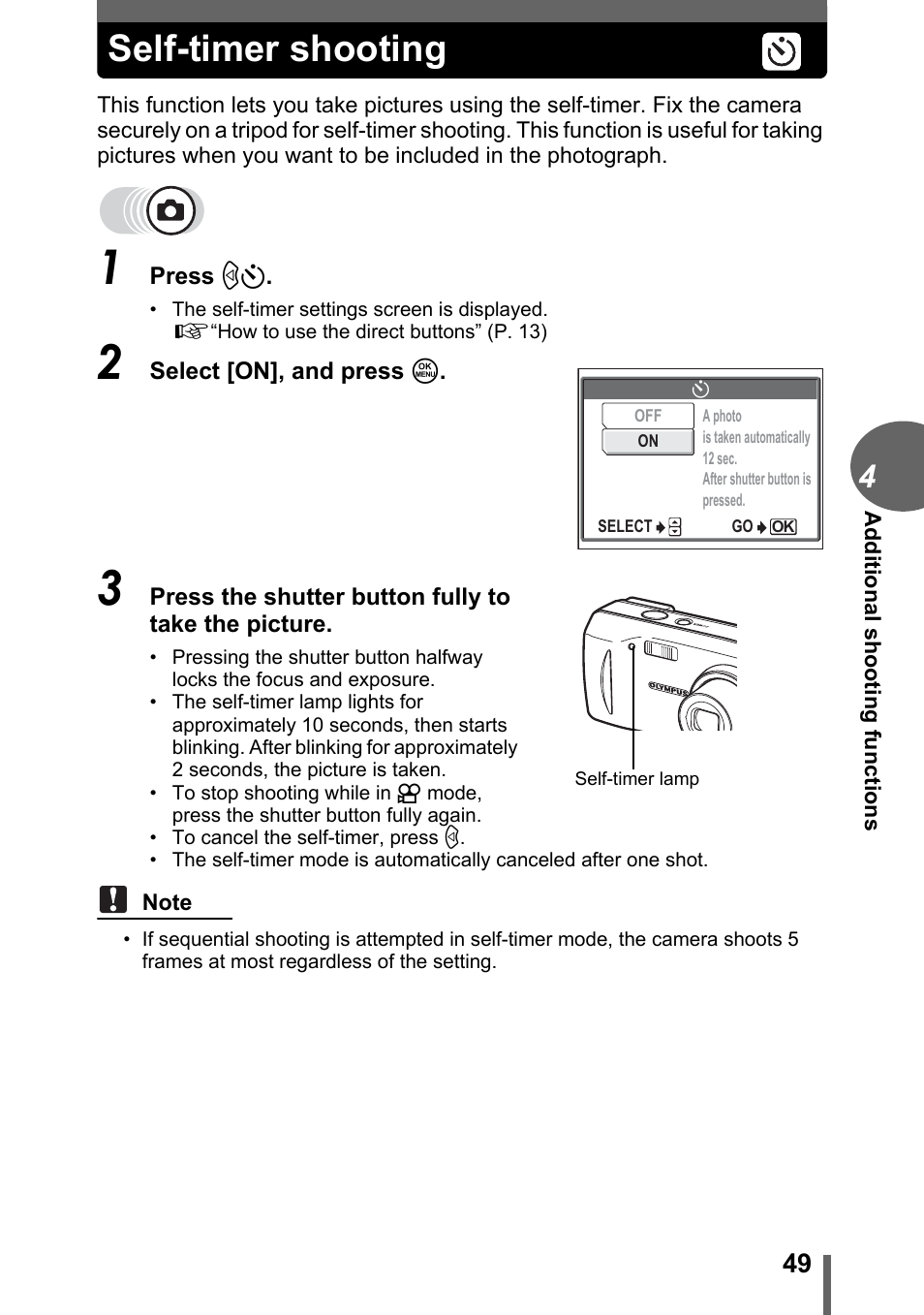 Self-timer shooting, P. 49 | Olympus FE-120 User Manual | Page 49 / 139