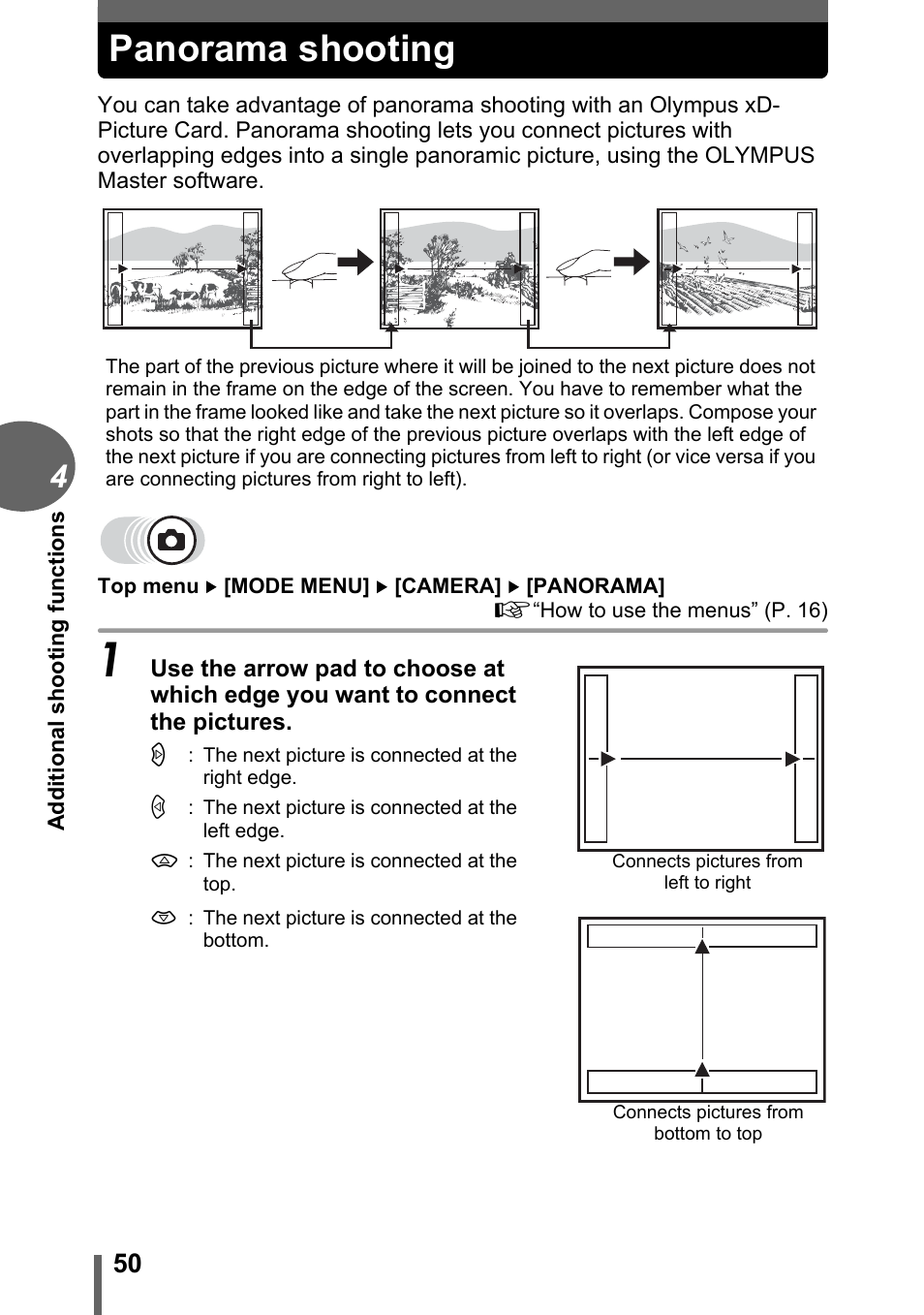 Panorama shooting | Olympus FE-120 User Manual | Page 50 / 139