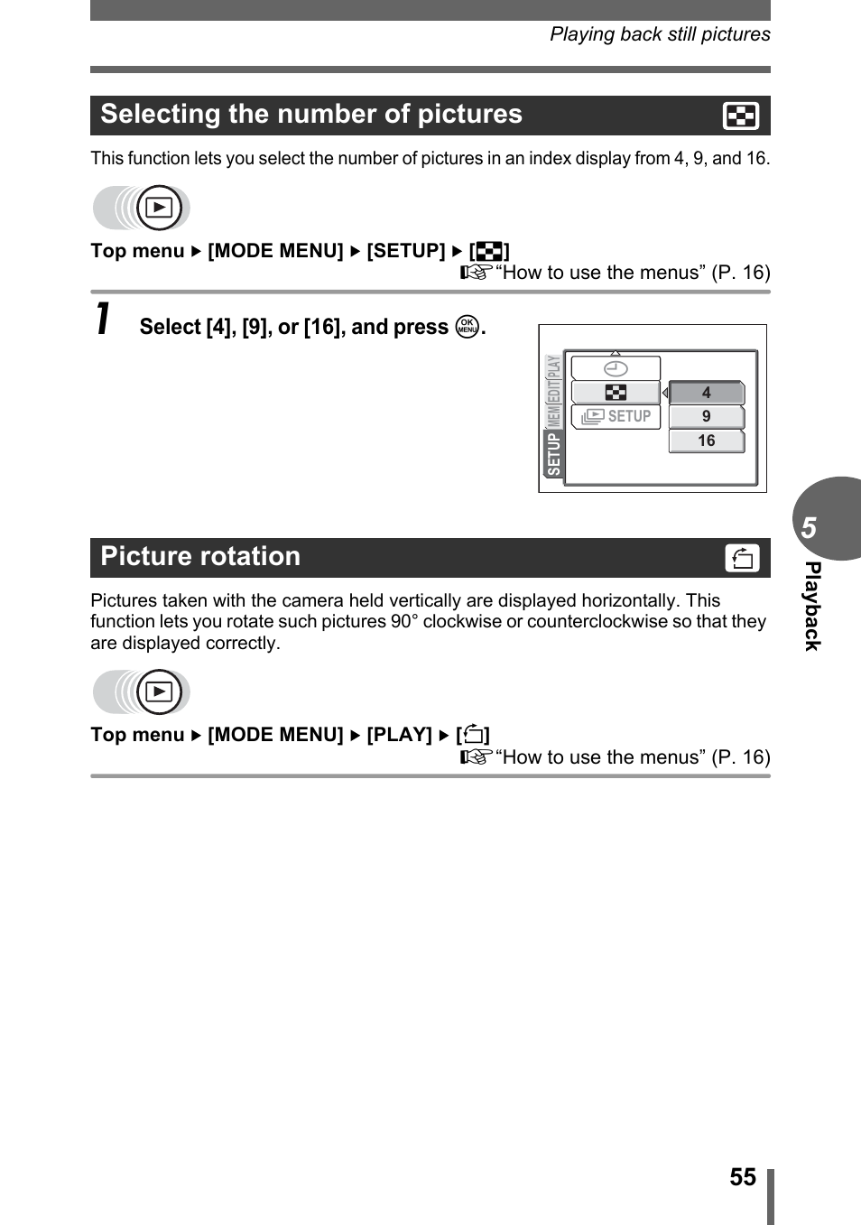 Selecting the number of pictures, Picture rotation, Selecting the number of pictures picture rotation | Olympus FE-120 User Manual | Page 55 / 139