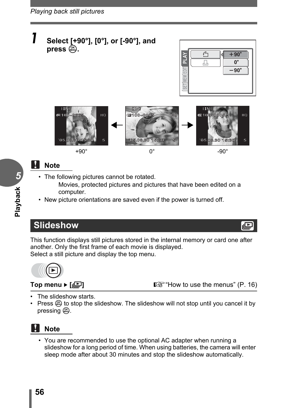 Slideshow, Gp. 56, Playback | Playing back still pictures, Top menu [ m ] g “how to use the menus” (p. 16) | Olympus FE-120 User Manual | Page 56 / 139