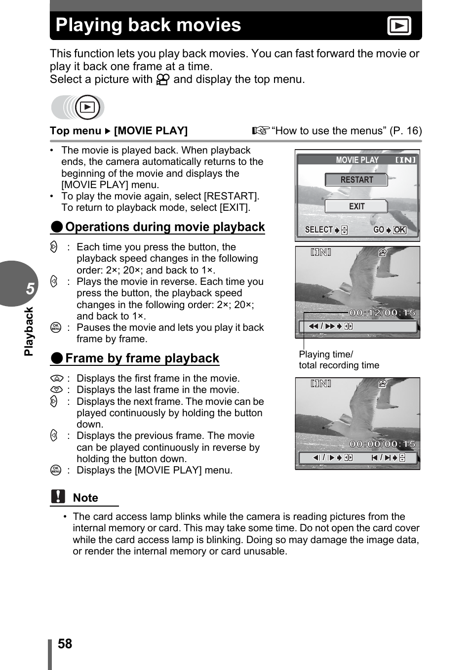 Playing back movies, P. 58, Operations during movie playback | Frame by frame playback | Olympus FE-120 User Manual | Page 58 / 139
